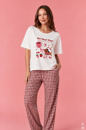 Kadın Pamuklu Ekru Kısa Kollu Baskılı Ekose Desenli Pijama Takımı
