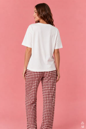Kadın Pamuklu Ekru Kısa Kollu Baskılı Ekose Desenli Pijama Takımı