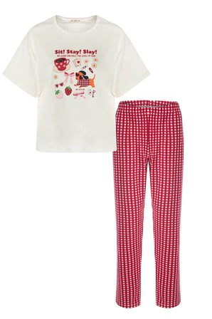 Kadın Pamuklu Ekru Kısa Kollu Baskılı Ekose Desenli Pijama Takımı