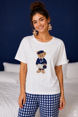 Kadın Pamuklu Ekru Kısa Kollu Baskılı Ekose Desenli Pijama Takımı