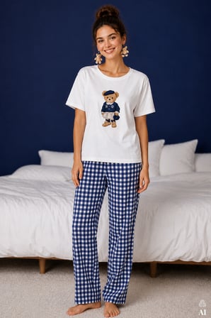 Kadın Pamuklu Ekru Kısa Kollu Baskılı Ekose Desenli Pijama Takımı