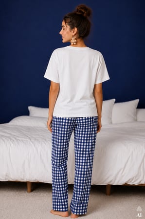 Kadın Pamuklu Ekru Kısa Kollu Baskılı Ekose Desenli Pijama Takımı