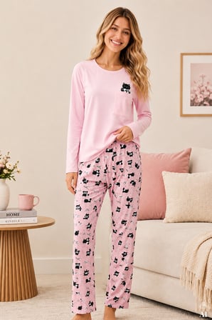 Kadın Pamuklu Uzun Kollu Ön Baskı ve Cep Detaylı Desenli Pijama Takımı