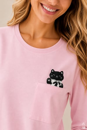 Kadın Pamuklu Uzun Kollu Ön Baskı ve Cep Detaylı Desenli Pijama Takımı