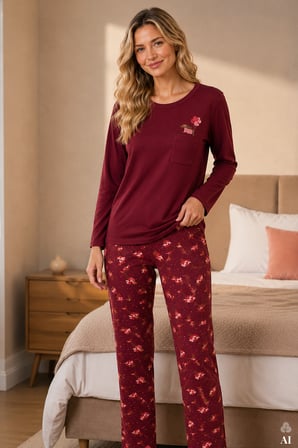 Kadın Pamuklu Uzun Kollu Ön Baskı ve Cep Detaylı Desenli Pijama Takımı