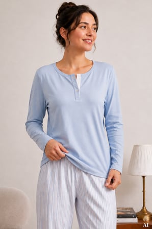 Kadın Pamuklu Mavi Uzun Kollu Düğmeli Yaka Çizgili Alt Pijama Takımı