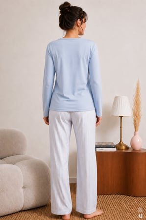 Kadın Pamuklu Mavi Uzun Kollu Düğmeli Yaka Çizgili Alt Pijama Takımı