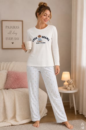 Kadın Pamuklu Uzun Kollu Köpek Baskılı Çizgili Desenli Pijama Takımı