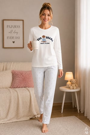 Kadın Pamuklu Uzun Kollu Köpek Baskılı Çizgili Desenli Pijama Takımı