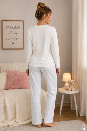 Kadın Pamuklu Uzun Kollu Köpek Baskılı Çizgili Desenli Pijama Takımı
