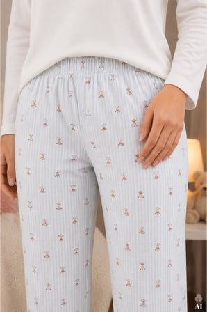 Kadın Pamuklu Uzun Kollu Köpek Baskılı Çizgili Desenli Pijama Takımı