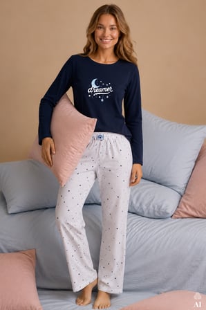 Kadın Pamuklu Lacivert Uzun Kollu Baskılı Yıldız Desenli Etiket Detaylı Pijama Takımı