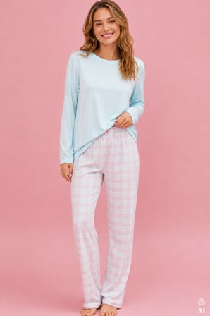 Kadın Pamuklu Uzun Kollu Ekose Desenli Etiket Detaylı Rahat Pijama Takımı