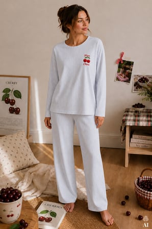 Kadın Pamuklu Uzun Kollu Kiraz Baskılı Çizgili Pijama Takımı