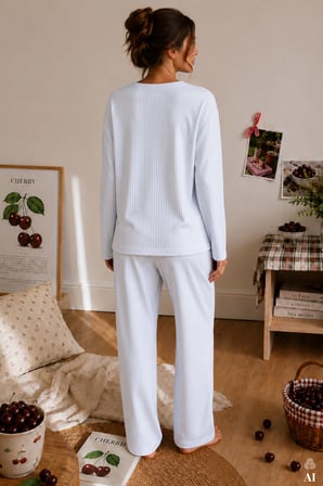 Kadın Pamuklu Uzun Kollu Kiraz Baskılı Çizgili Pijama Takımı