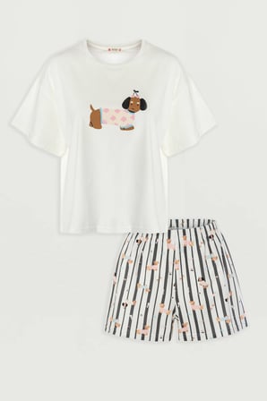 Kadın Pamuklu Kısa Kollu Pötikare Desenli Şortlu Pijama Takımı