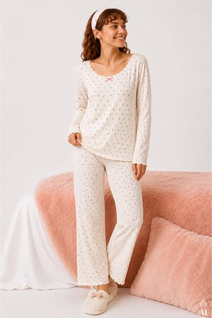 Kadın Fitilli Desenli Dantel  Detaylı Uzun Kollu Pijama Takımı