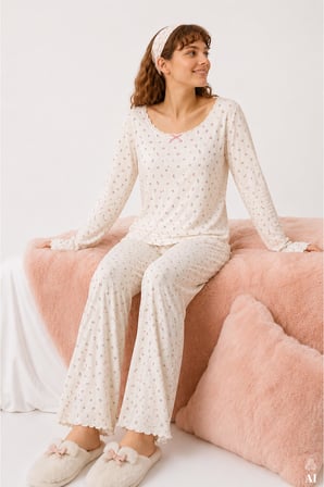 Kadın Fitilli Desenli Dantel  Detaylı Uzun Kollu Pijama Takımı
