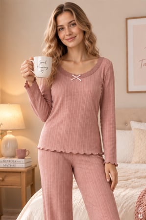 Kadın Fitilli Desenli Dantel  Detaylı Uzun Kollu Pijama Takımı