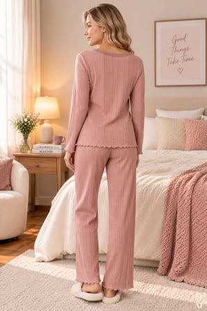 Kadın Fitilli Desenli Dantel  Detaylı Uzun Kollu Pijama Takımı