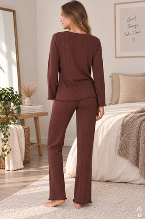 Kadın %100 pamuklu Ribana Baskılı Uzun Kollu Pijama Takımı