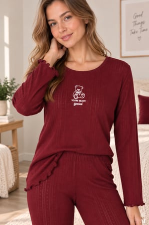 Kadın %100 pamuklu Ribana Baskılı Uzun Kollu Pijama Takımı