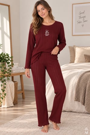 Kadın %100 pamuklu Ribana Baskılı Uzun Kollu Pijama Takımı