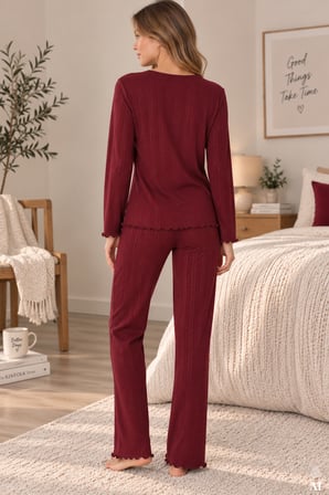 Kadın %100 pamuklu Ribana Baskılı Uzun Kollu Pijama Takımı