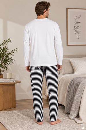 Erkek Pamuklu Çizgili Desenli Cepli Pijama Takımı