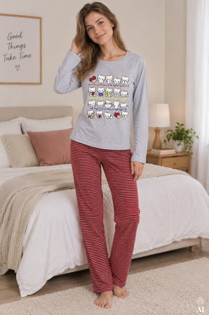 Kadın Çizgili Desenli Kedi Baskılı Pijama Takımı