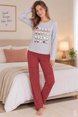 Kadın Çizgili Desenli Kedi Baskılı Pijama Takımı
