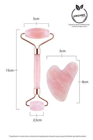 Pembe Kuvars Roller Ve Pembe Kalp Gua Sha Yüz Masaj Aleti Seti Keseli Değerli Doğal Taş Sertifikalı