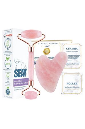 Pembe Kuvars (quartz) Face Roller Ve Kalp Guasha Ikili Set Doğaltaş Gua Sha
