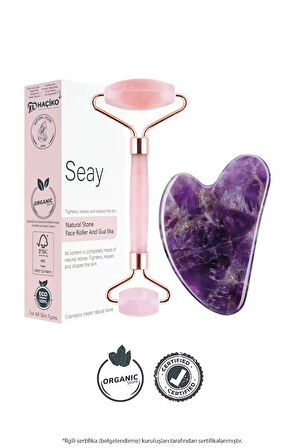Pembe Kuvars Face Roller Ve Ametist Kalp Gua Sha Yüz Masaj Aleti Seti Değerli Doğaltaş Sertifikalı