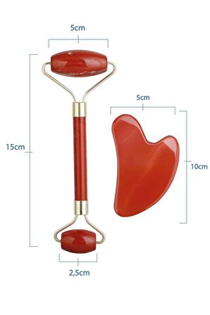 Kırmızı Jasper Taşı Face Roller ve Gua Sha Yüz Masaj Aleti Doğal Taş Sertifikalı