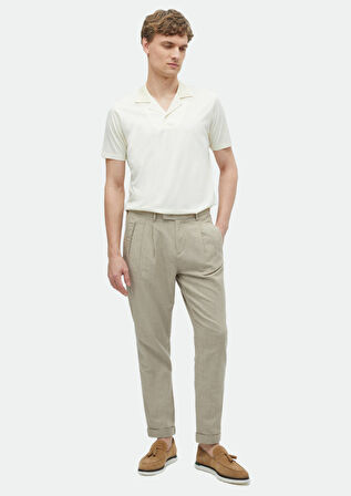 Ekru Düz Küba Yaka %100 Pamuk T-Shirt