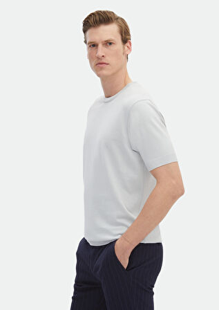 Açık Gri Düz Bisiklet Yaka %100 Pamuk T-Shirt