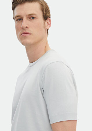 Açık Gri Düz Bisiklet Yaka %100 Pamuk T-Shirt