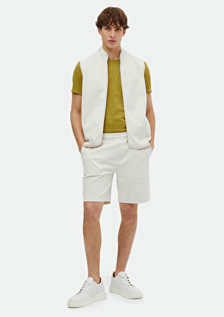 Ekru Düz Örme Jogging Fit Casual Pamuk Karışımlı Bermuda