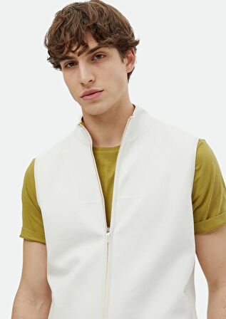 Ekru Regular Fit Dik Yaka Spor Örme Spor Yelek