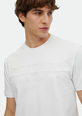 Beyaz Baskılı Bisiklet Yaka %100 Pamuk T-Shirt