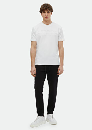 Beyaz Baskılı Bisiklet Yaka %100 Pamuk T-Shirt