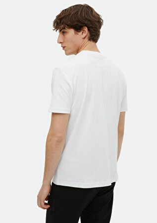 Beyaz Baskılı Bisiklet Yaka %100 Pamuk T-Shirt