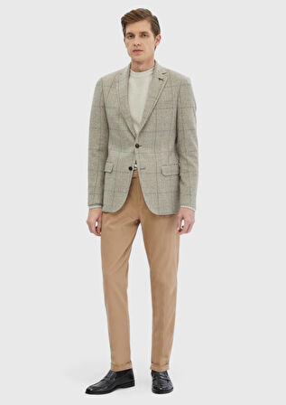 Bej Desenli Regular Fit Yün Karışımlı Ceket