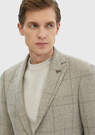 Bej Desenli Regular Fit Yün Karışımlı Ceket