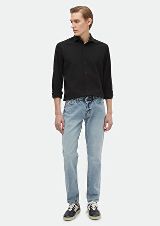 Siyah Düz Regular Fit Dokuma Casual Pamuk Karışımlı Gömlek