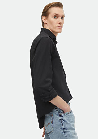 Siyah Düz Regular Fit Dokuma Casual Pamuk Karışımlı Gömlek