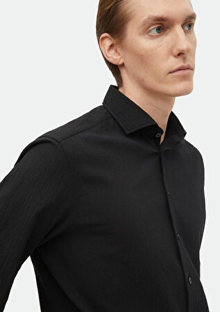 Siyah Düz Regular Fit Dokuma Casual Pamuk Karışımlı Gömlek