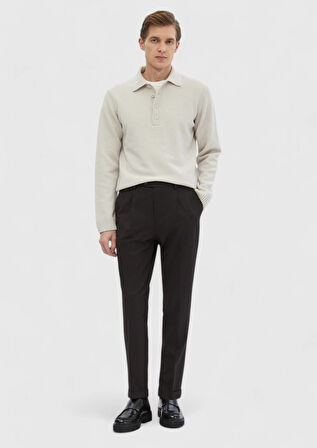 Kum Polo Yaka Düz Örgü Yün Karışımlı Triko Kazak