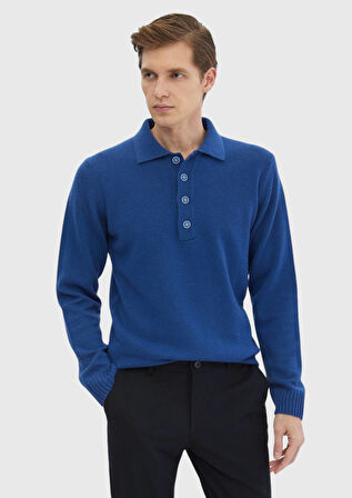 Saks Polo Yaka Düz Örgü Yün Karışımlı Triko Kazak